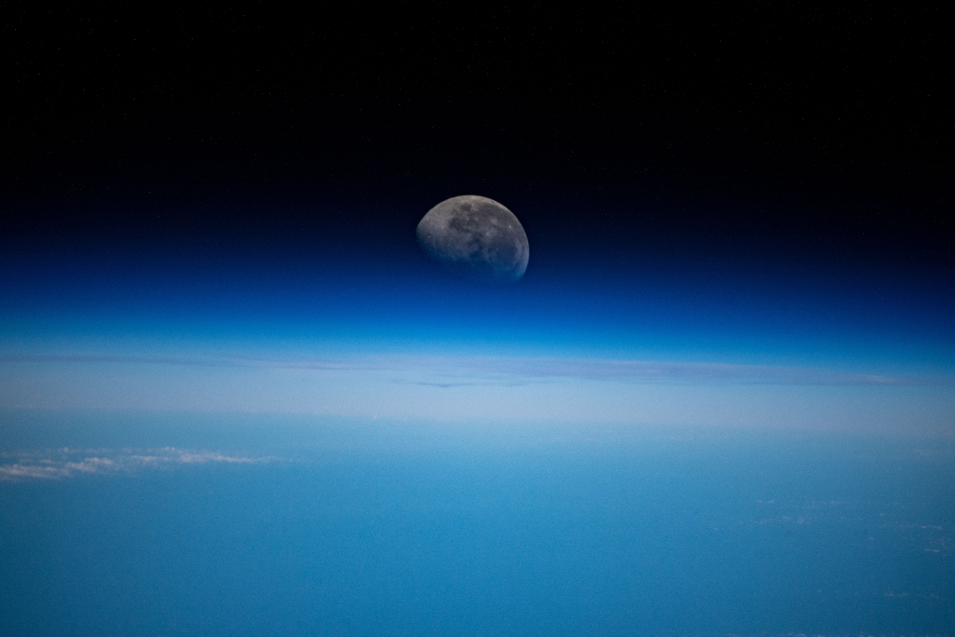 The thin blue line of Earth's atmosphere photographed from the International Space Station